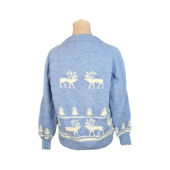 Vintage Light Blue and White Moose Holiday Sweater Sz L - Picture 5 of 8
